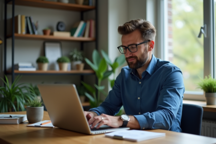 Homme en bureau moderne examinant des transactions crypto
