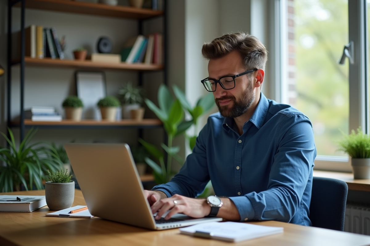 Homme en bureau moderne examinant des transactions crypto
