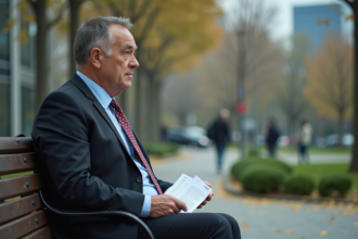 Homme d'âge moyen en costume dans un parc urbain
