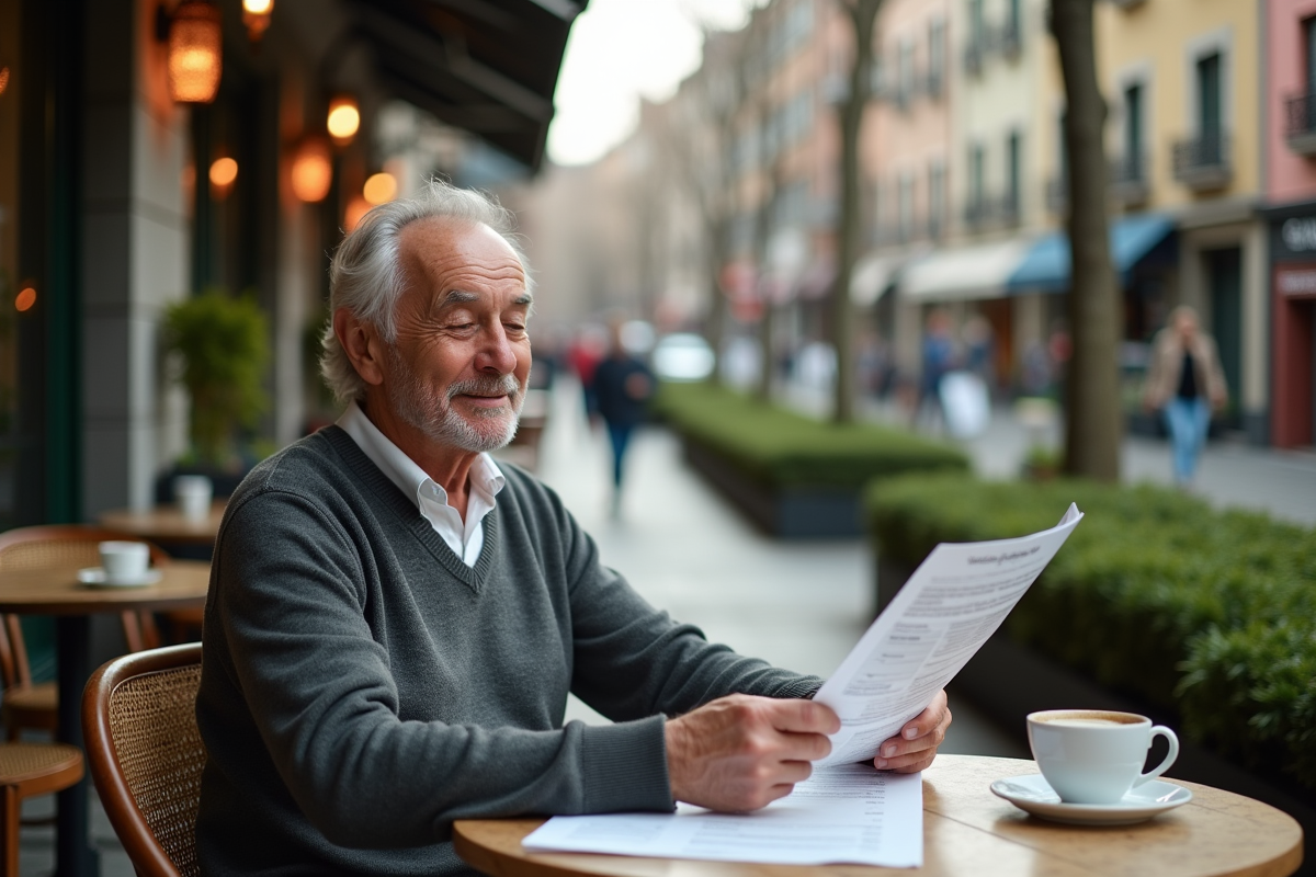 Homme âgé consulte des papiers financiers au café en plein air