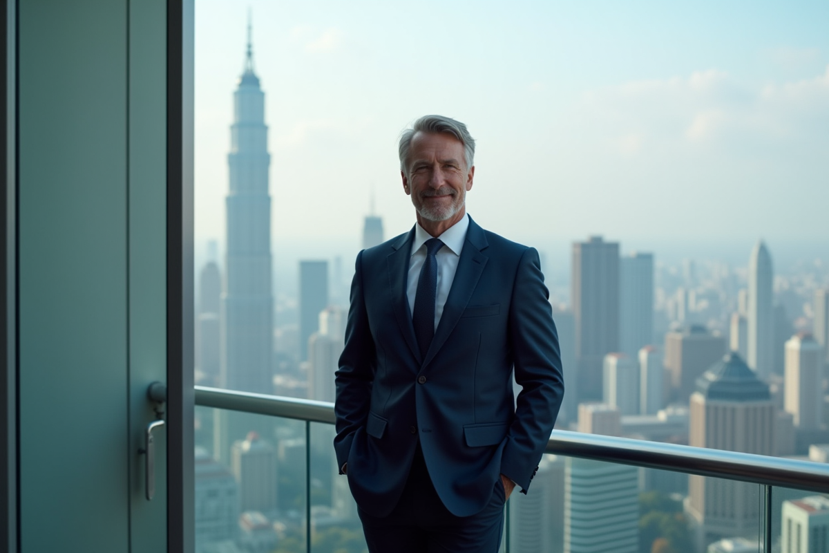 Homme en costume bleu sur balcon avec vue urbaine