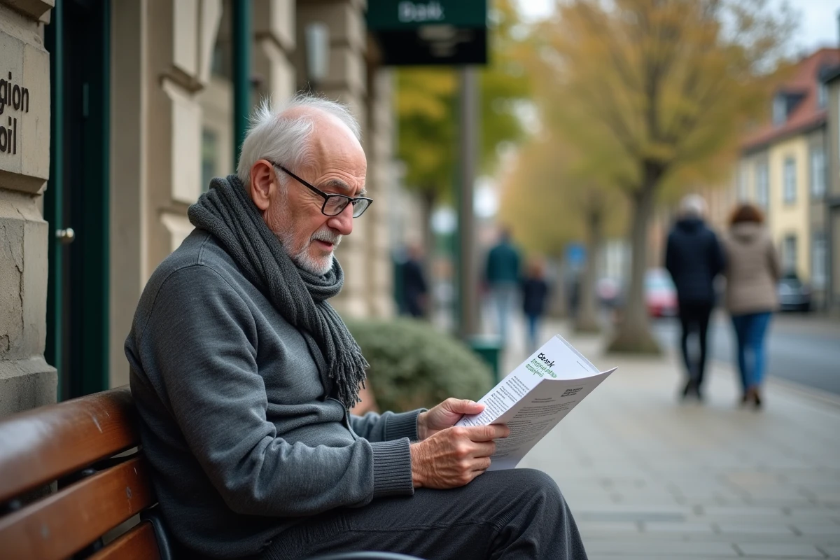 Vieux homme lisant leaflet bancaire devant agence
