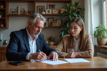 Homme d'âge moyen en costume bleu examine documents d'héritage avec une jeune femme