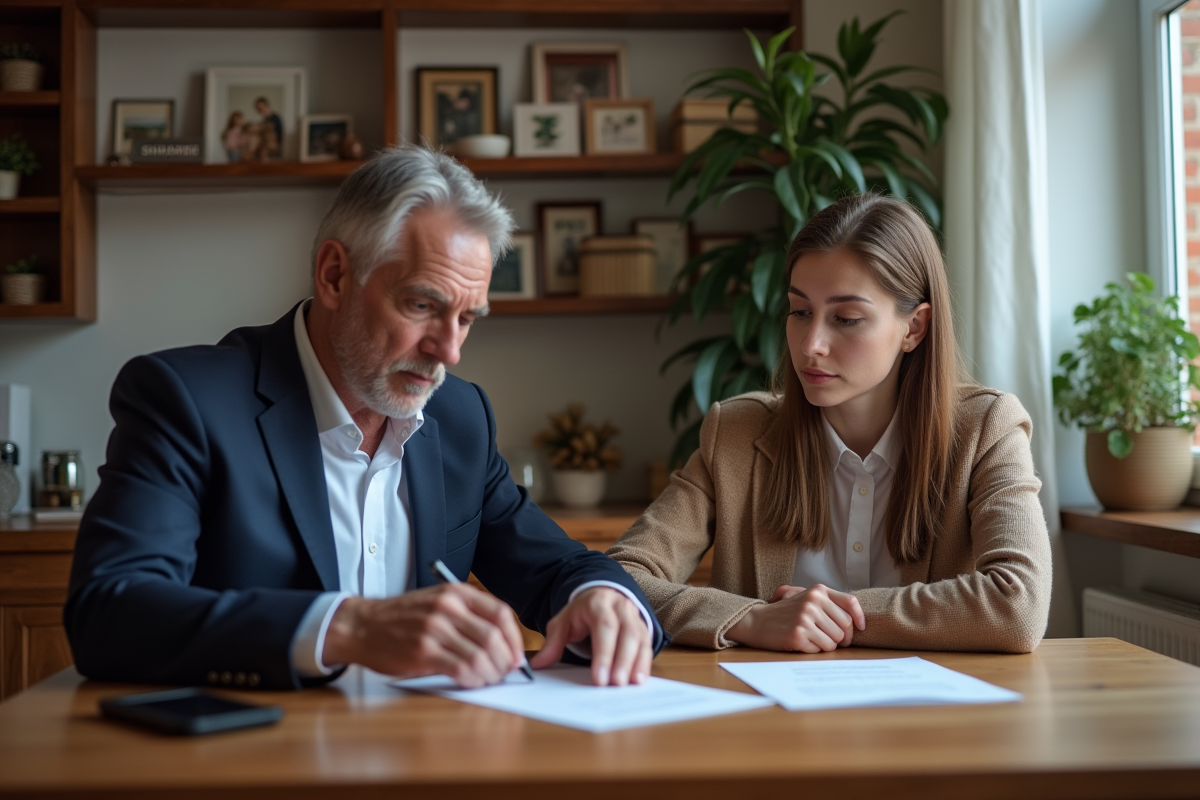 Homme d'âge moyen en costume bleu examine documents d'héritage avec une jeune femme