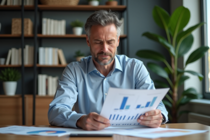 Homme d'âge moyen en tenue smart casual analysant des rapports financiers