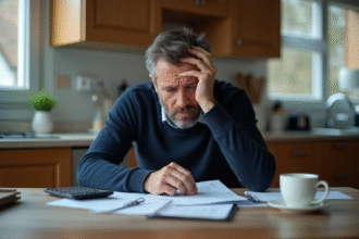 Homme inquiet en cuisine avec factures et calculatrice