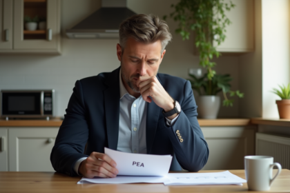 Homme concentré lisant des papiers PEA dans la cuisine