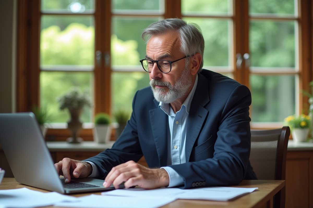 Homme d'âge moyen en blazer bleu lit des documents sur l'immobilier