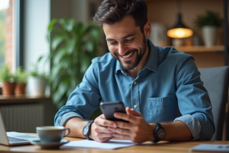 Homme en bureau moderne examine son smartphone avec concentration
