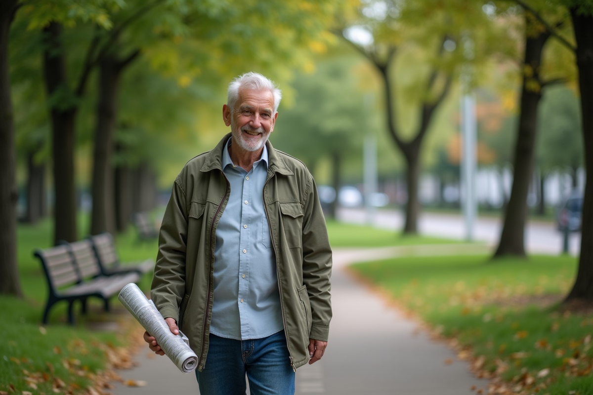 Homme mature marchant dans un parc urbain verdoyant