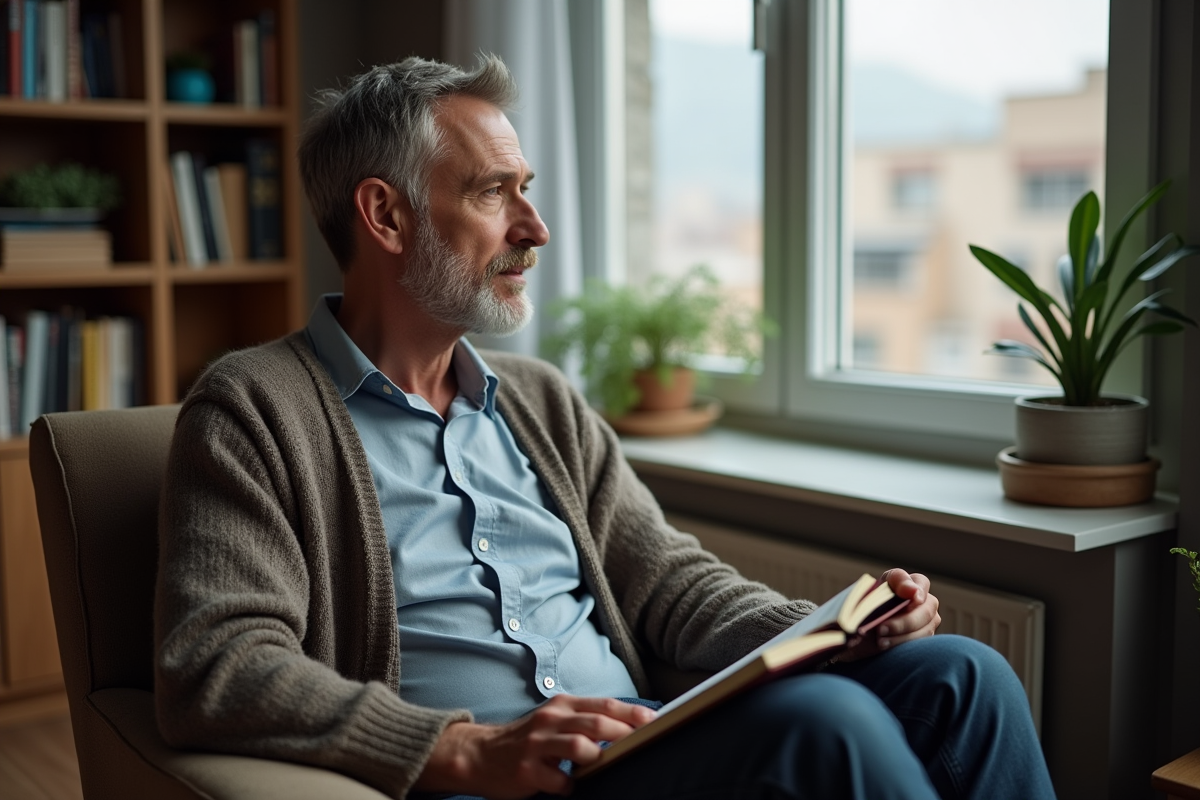 Homme méditant dans un salon moderne et calme