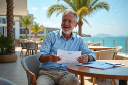 Homme détendu sur terrasse ensoleillée avec papiers taxes