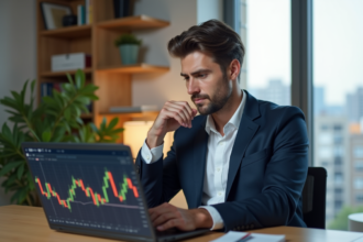 Homme en costume regardant un graphique Bitcoin dans un bureau