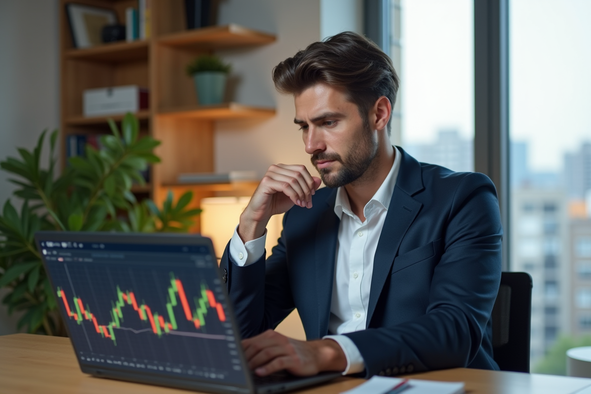 Homme en costume regardant un graphique Bitcoin dans un bureau