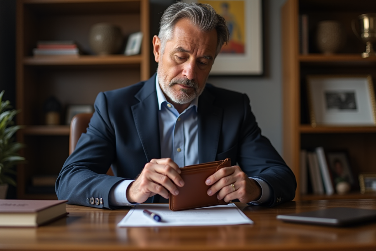 Homme en costume navy ouvrant un portefeuille en cuir dans un bureau