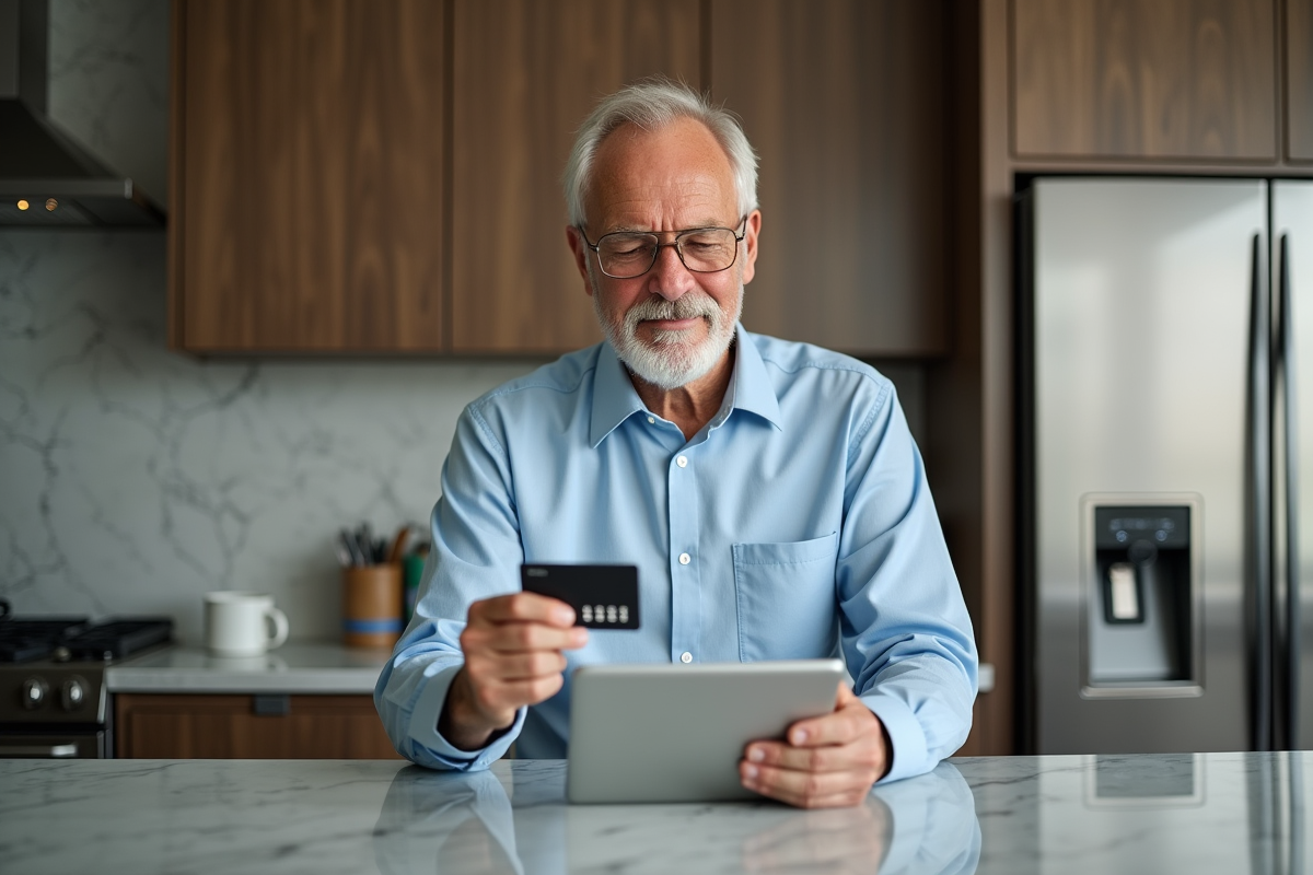 Homme vérifiant son paiement avec une tablette