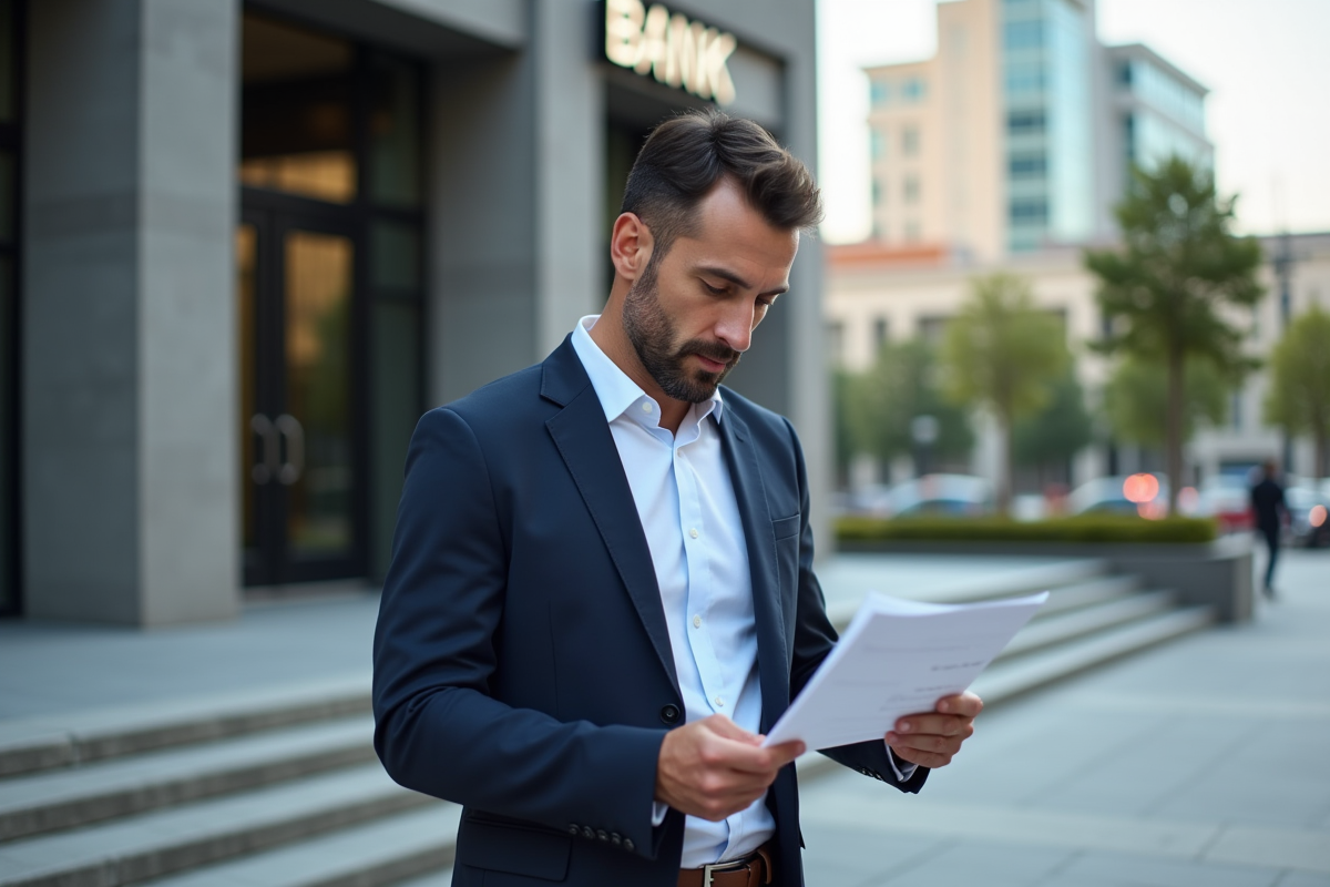 Homme d affaires regardant un relevé de prêt en extérieur