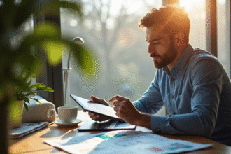 Investisseur confiant analysant des graphiques boursiers sur une tablette