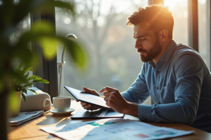Investisseur confiant analysant des graphiques boursiers sur une tablette