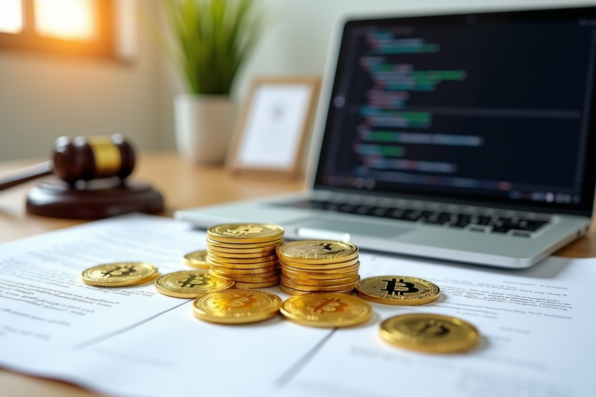 Jetons de cryptomonnaie sur bureau avec documents et code blockchain