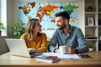 Jeune couple discutant de retraite avec documents et carte du monde