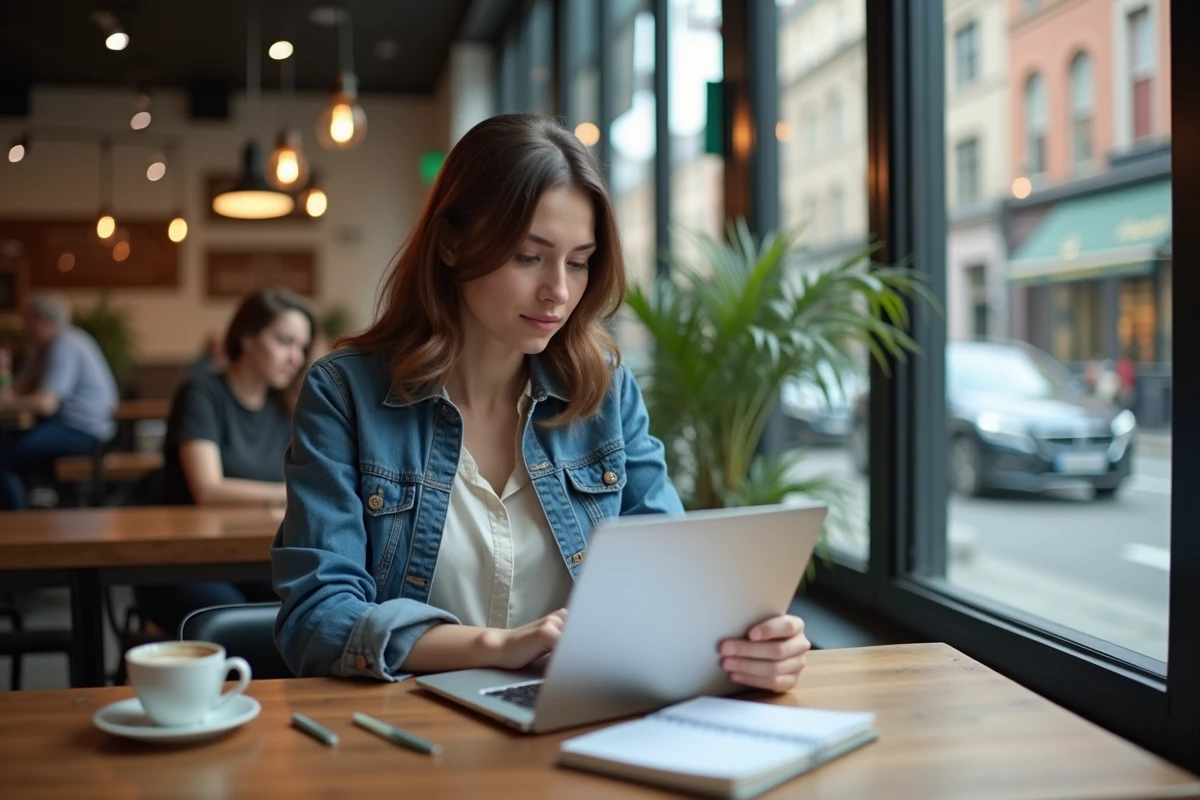 Jeune femme vérifiant son relevé bancaire dans un café urbain