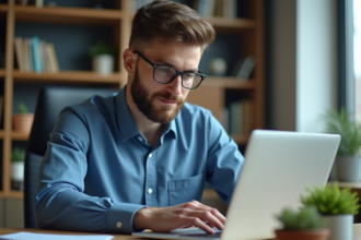 Jeune homme en bureau finance avec ordinateur portable