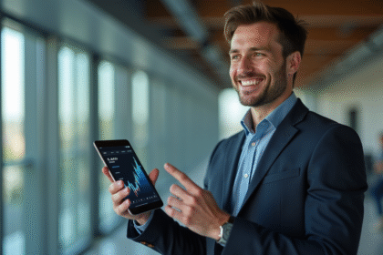 Jeune investisseur confiant avec tablette affichant un graphique en hausse