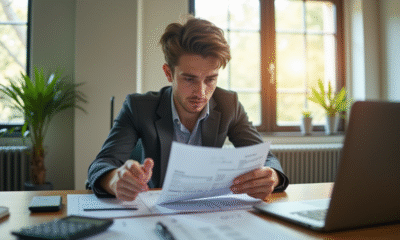 Jeune professionnel confus devant une fiche de paie et une calculatrice