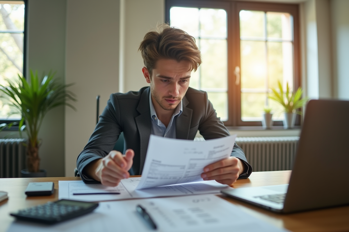 Jeune professionnel confus devant une fiche de paie et une calculatrice