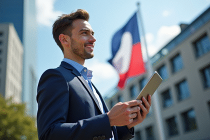 Jeune professionnel avec tablette devant drapeau français et immeubles