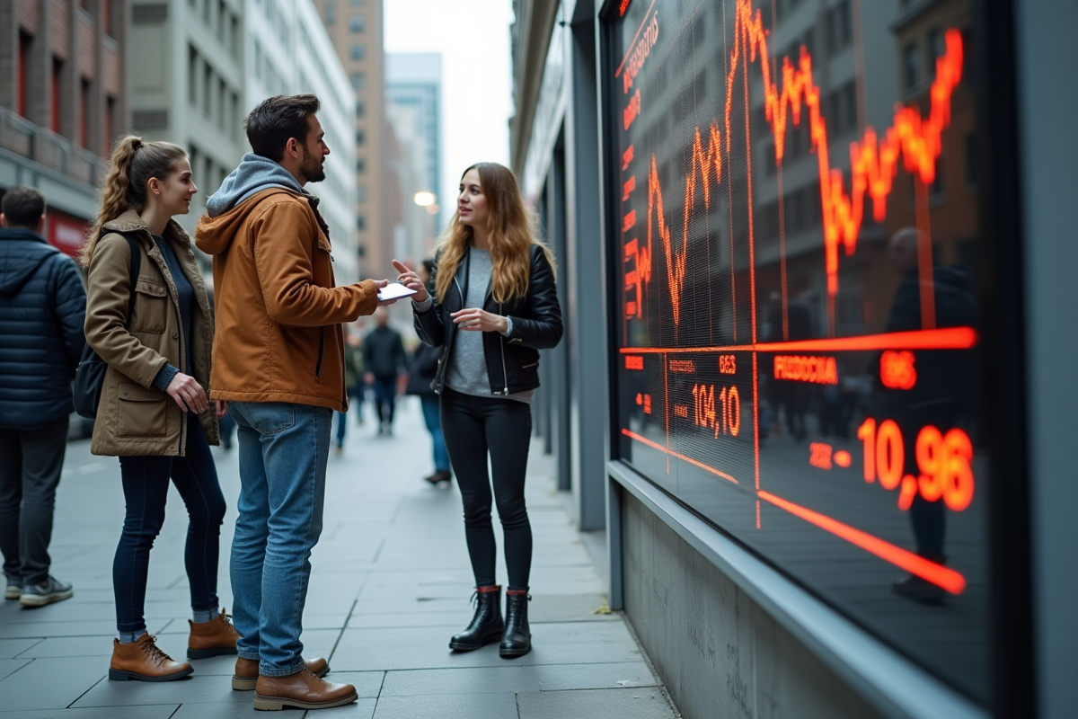 Jeunes discutant des actualités financières en ville