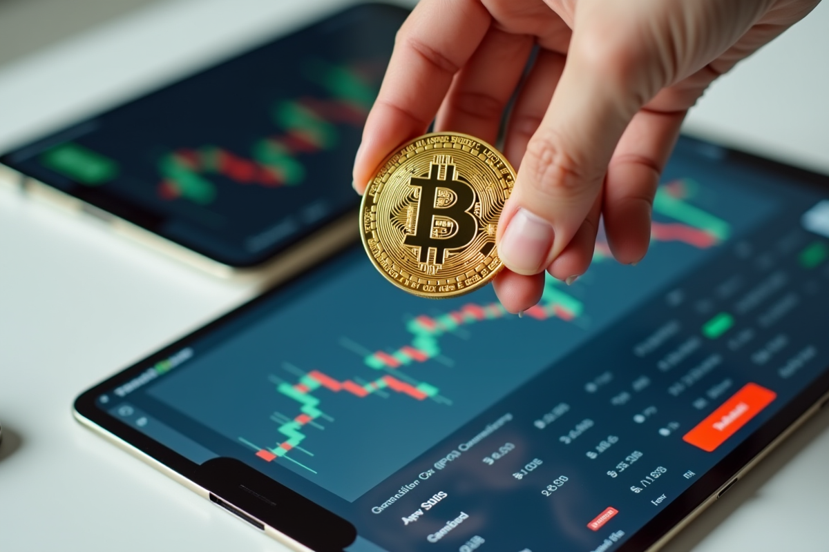 Main tenant un bitcoin en or au-dessus de tablettes de trading numériques