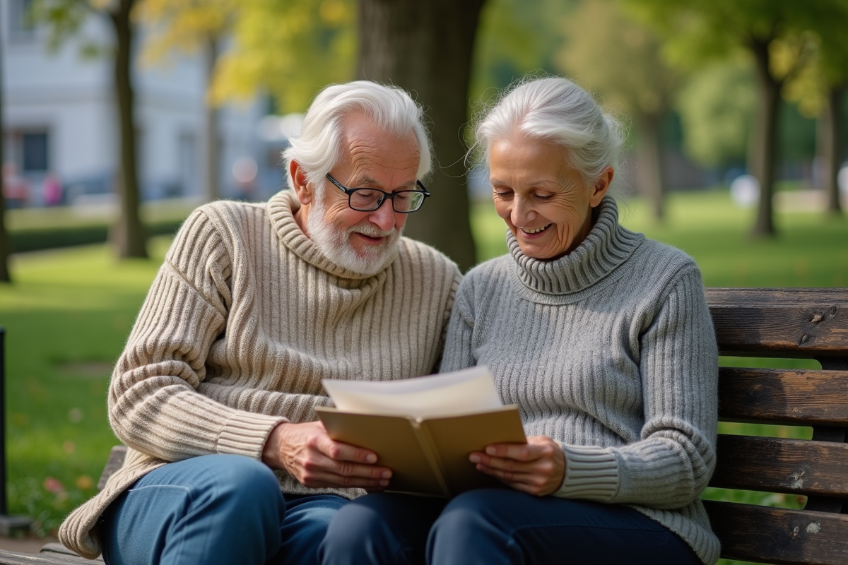 Père et fille discutant de documents dans un parc en plein air