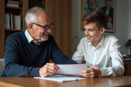 Pere donnant un cheque signe a son fils adolescent