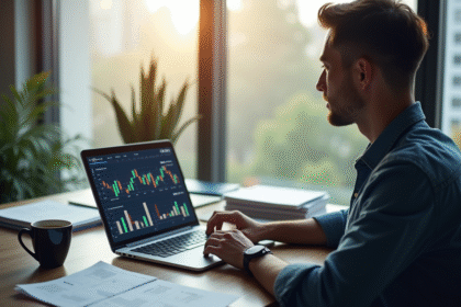 Personne travaillant sur un bureau moderne avec graphiques financiers