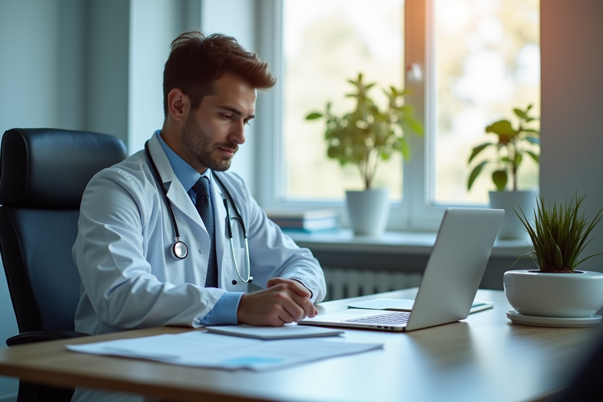 Professionnel de santé au bureau organisé avec lumière naturelle