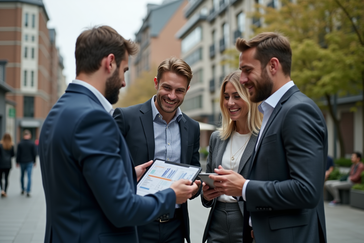 Groupe de jeunes professionnels discutant en ville