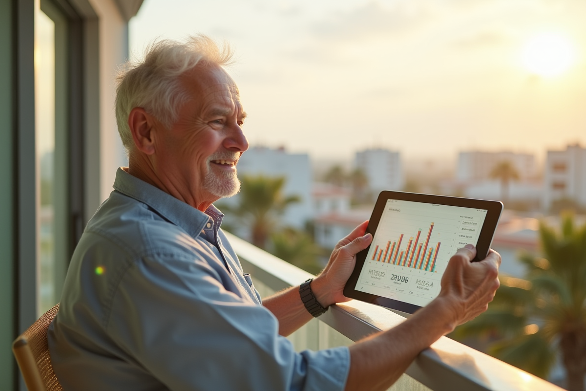 Personne âgée sur balcon avec tablette montrant un graphique financier
