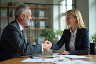 Femme en costume d'affaires serrant la main d'un homme dans un bureau moderne