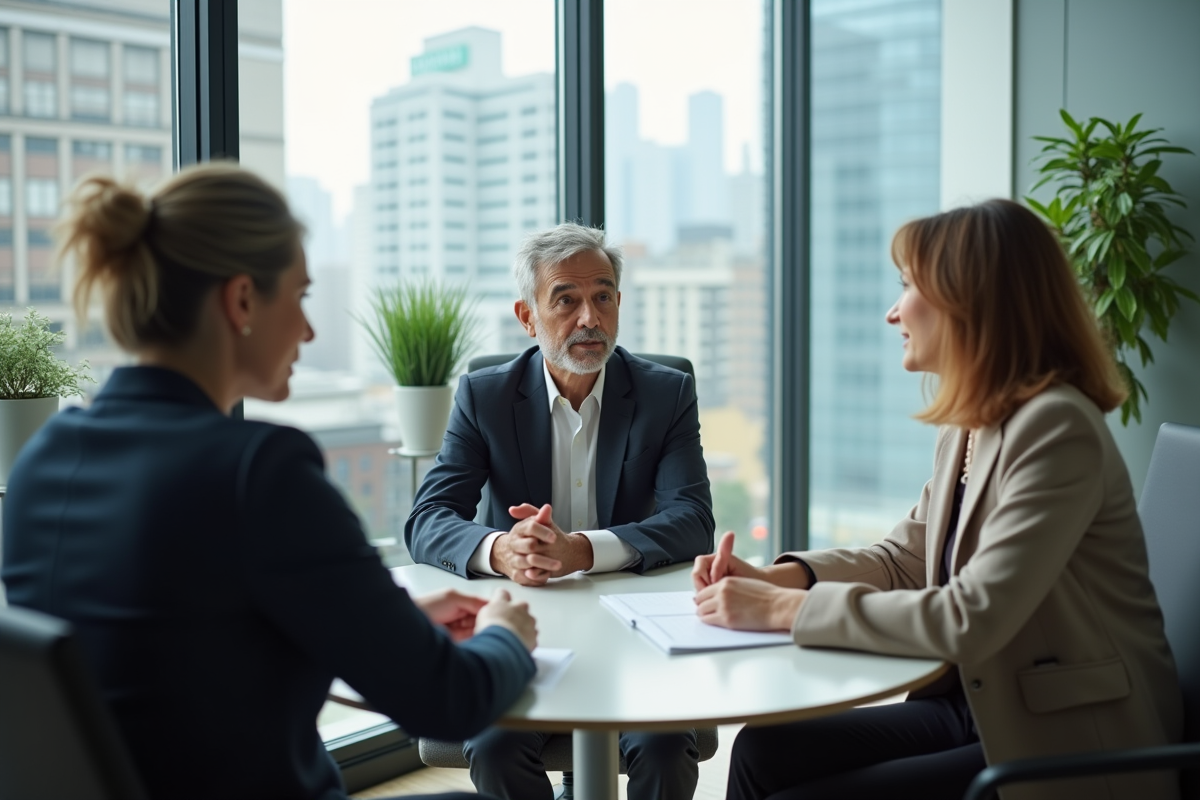 Groupe de trois adultes en réunion dans un bureau notarial moderne