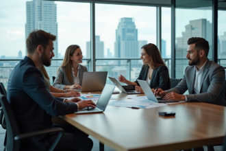 Groupe de professionnels en réunion dans une salle moderne