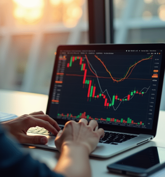 Personne utilisant un ordinateur portable avec graphiques de trading Bitcoin