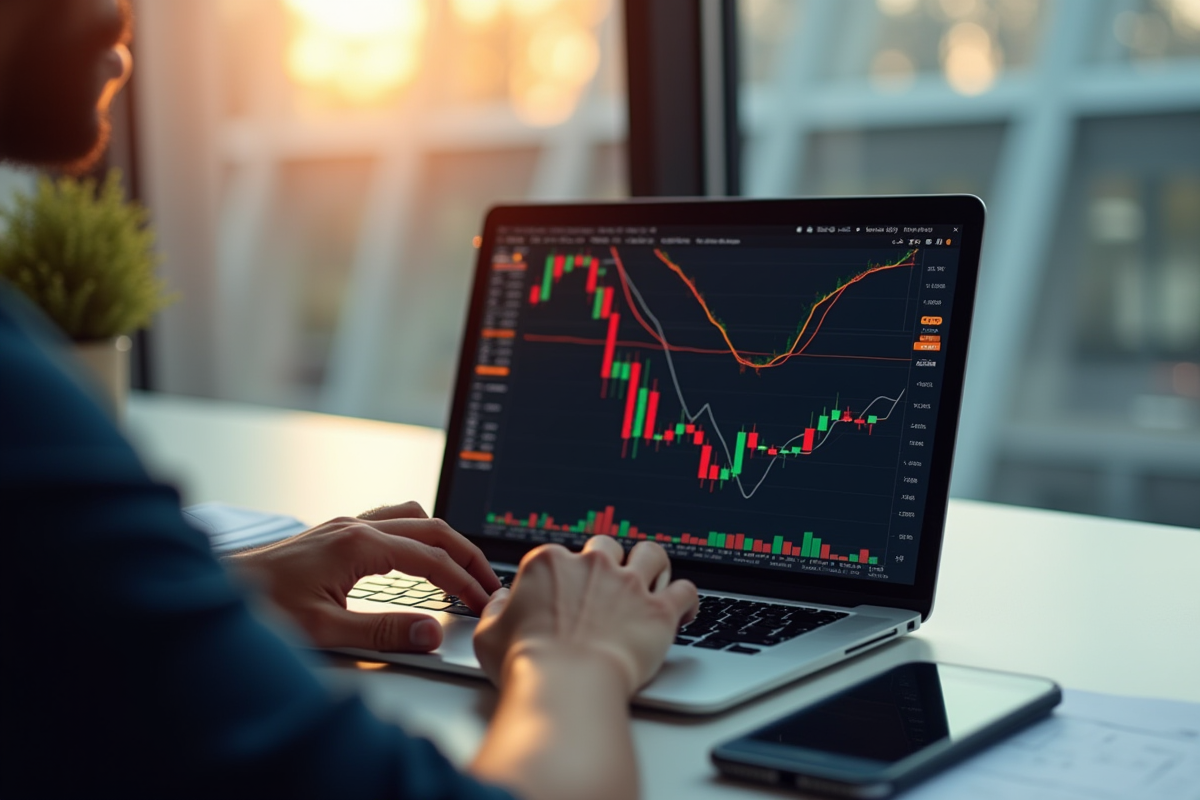 Personne utilisant un ordinateur portable avec graphiques de trading Bitcoin